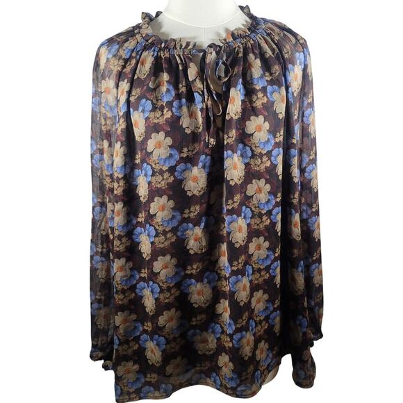 NWT TAHARI Woman Black Boho Floral Semi-Sheer Lined Ruffle Blouse Size 2X - Picture 1 of 10